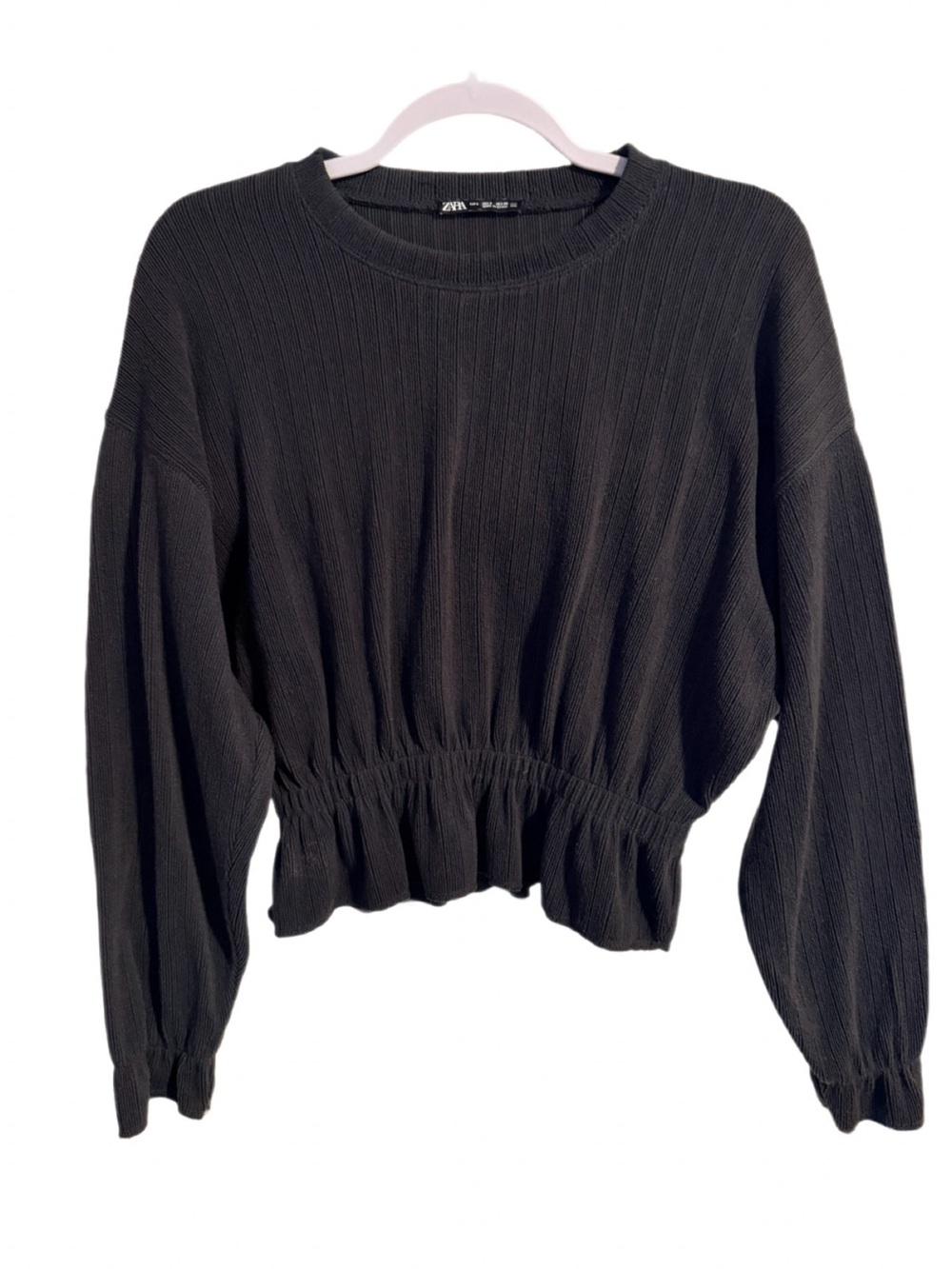 Zara Black Ribbed Cropped Sweatshirt with Gathered Hem Womens Small